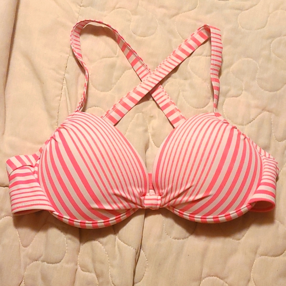 Collections by Catalina neon pink white strip push up crossback bikini top L 34D